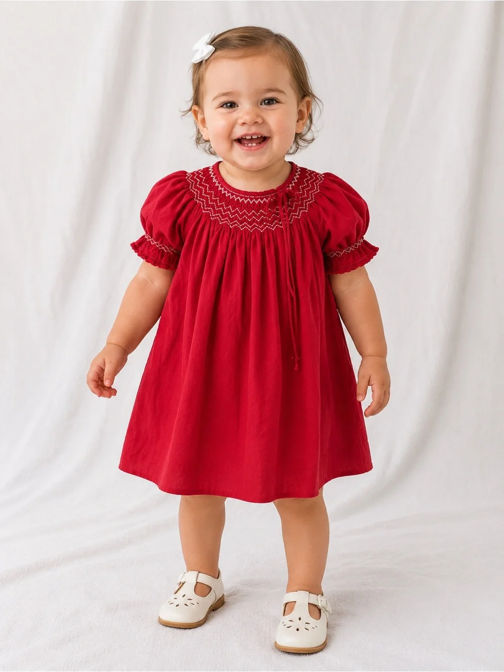 Girls Red Smocked Puff Sleeve Dress